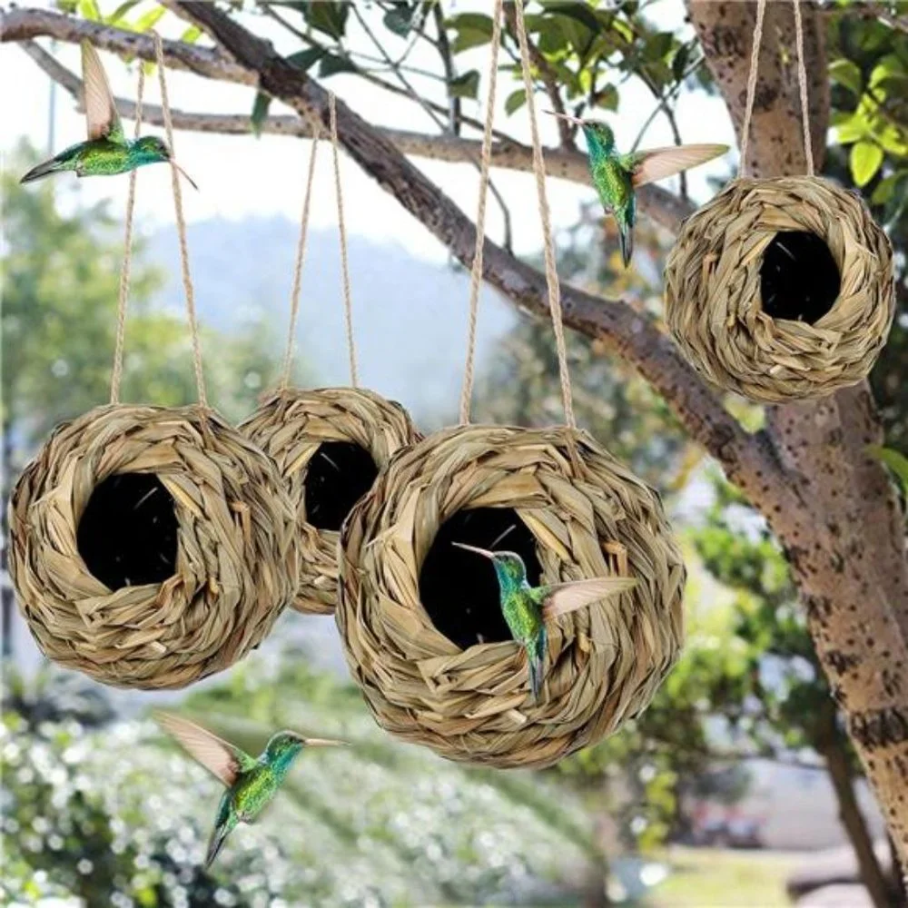 4 Pack Hanging Hummingbird Nest House for Outside, Ball Shape, Hand Woven